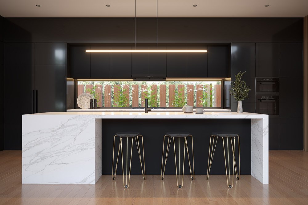 Modern kitchen design island bench stone benchtops and black cabinetry, Rye Victoria, Barnes Matina