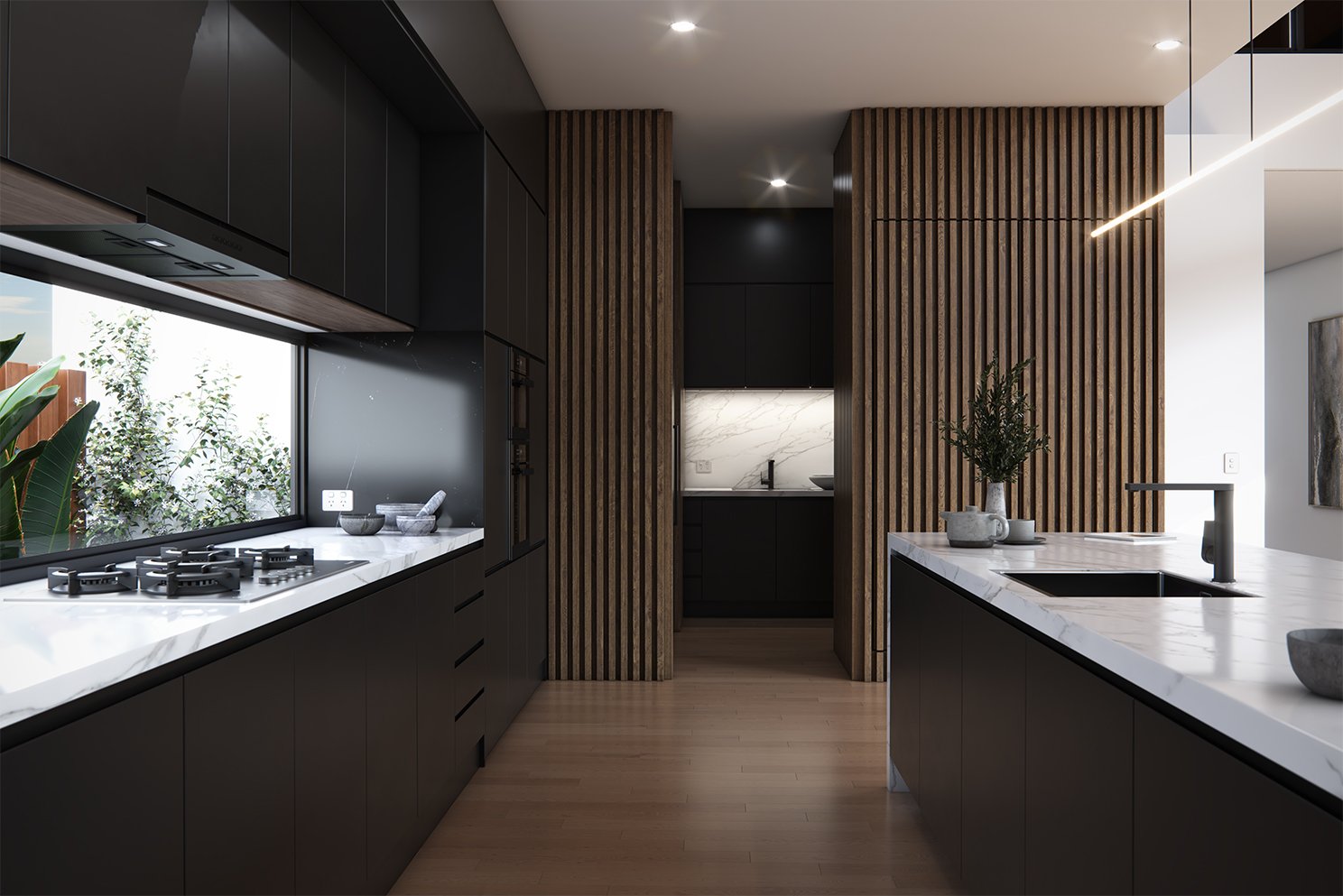 Modern kitchen design with timber feature and black cabinetry, Rye Victoria, Barnes Matina